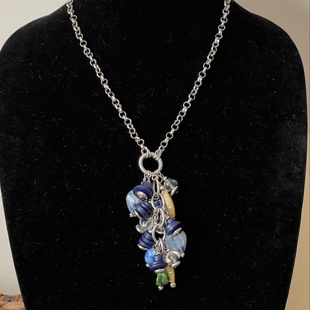 Chico's blue, clear gold,  green beads, charms necklace. Silver plated